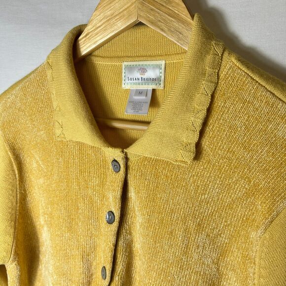 Vintage Susan Bristol Yellow Chenille Front Collared Cardigan Sweater Size M - Picture 4 of 13